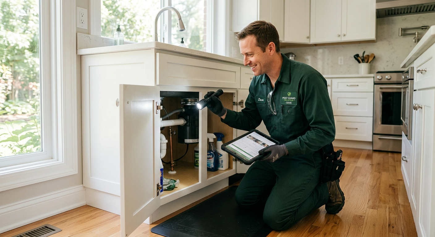 Technician inspecting under a kitchen sink with a flashlight